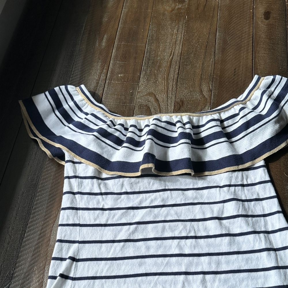 Lilly Pulitzer Navy and White Striped Ruffle Blouse